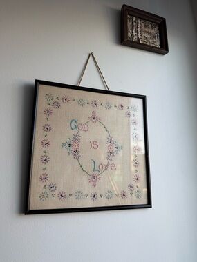 Antique Embroidered Colourful Linen Christian God Is Love 12x12" Black Frame